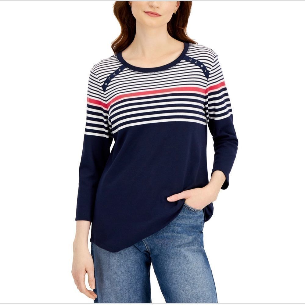 NWT Karen Scott Women's Lady Navy/white/red Stripe T-Shirt SZ- M
